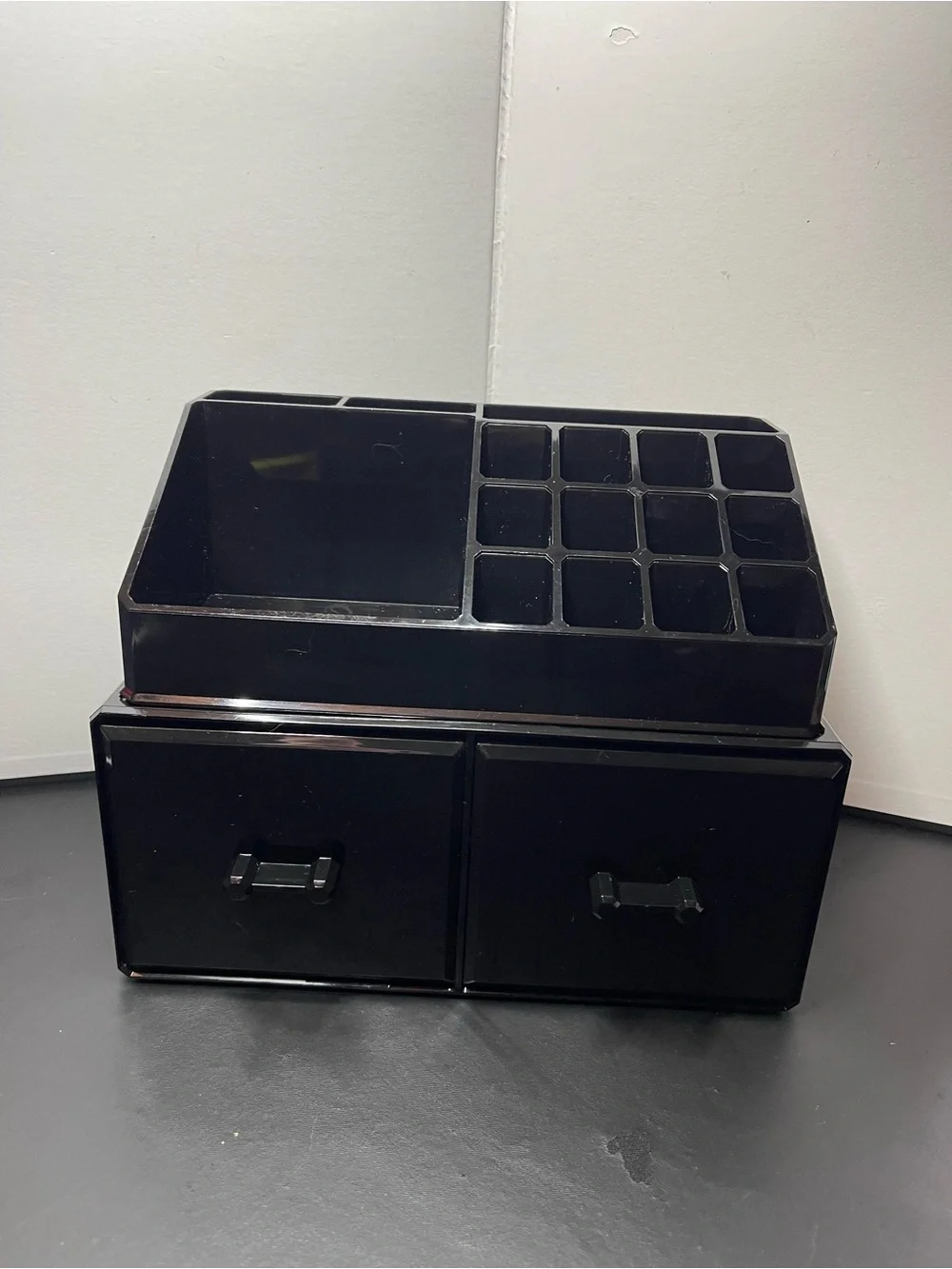 Black Modular Makeup Organizer with Multiple Drawers and Top Compartments